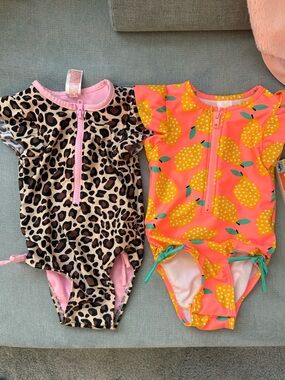 Cat & Jack cheetah print and lemon print bathing toddler bathing suit bundle